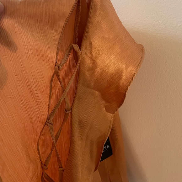 GUESS Womens Orange Cold Shoulder
Ruffled Silk Spaghetti Strap Square
Neck Top - Picture 7 of 8